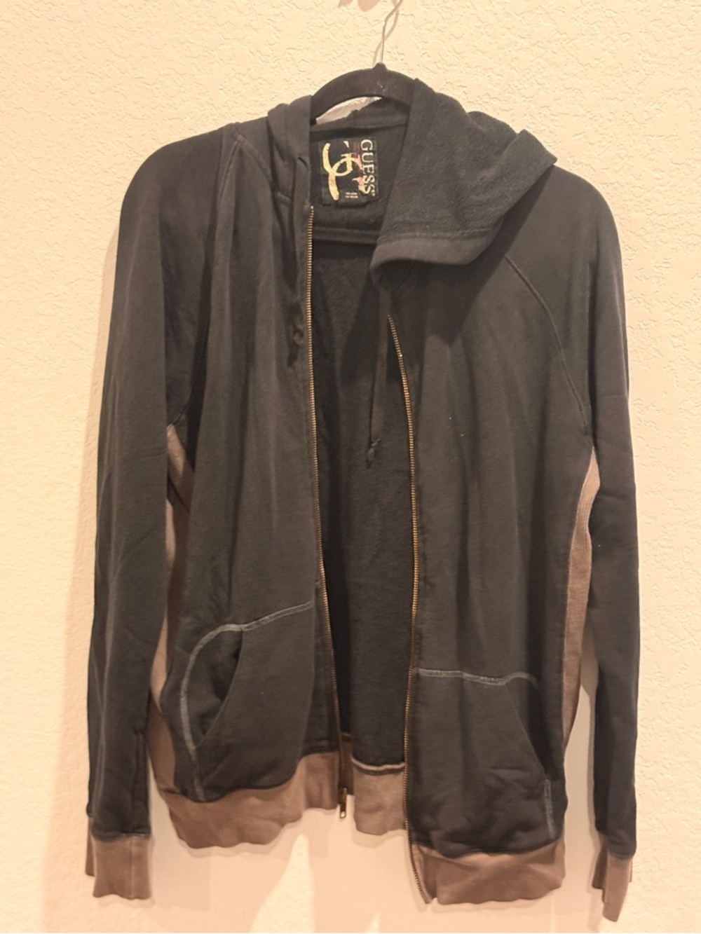 GUESS Black Hoodie with Taupe Side Panels and‎ Gold Zip